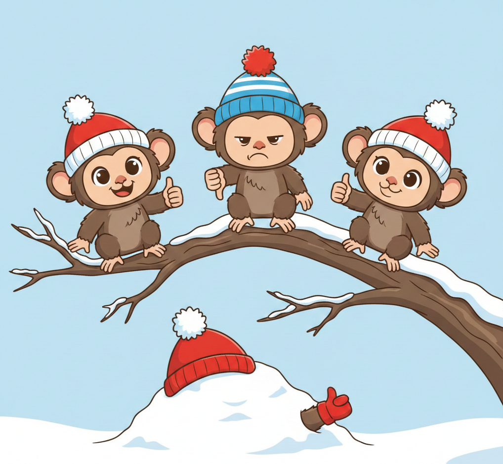 Three Marmosets on a tree. Two have red hats and are showing thumbs up, one has a blue hat and shows thumbs down. Below them is  a third marmoset in a red hat, covered in snow, sticking out a thumbs up.